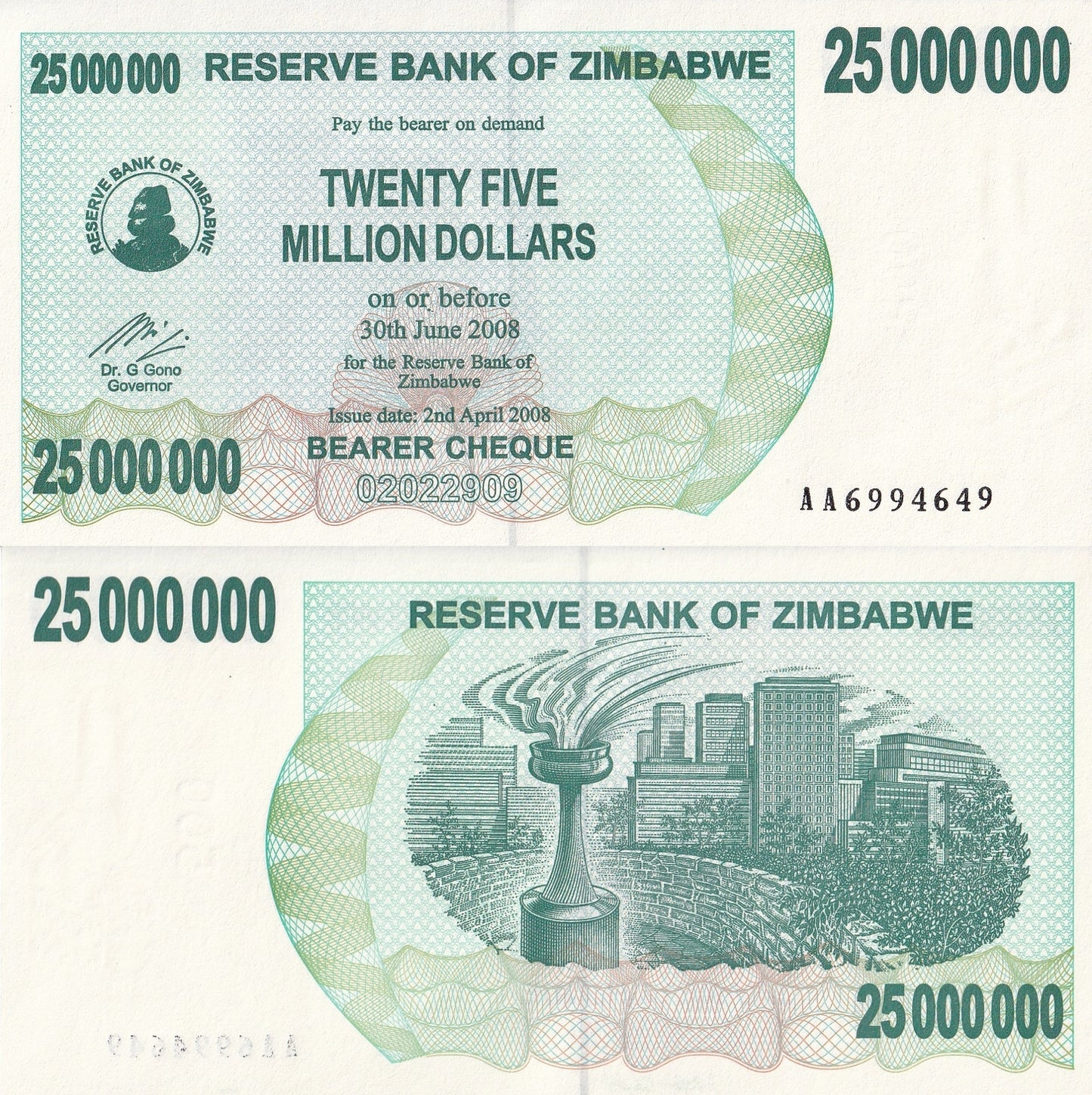 Zimbabwe 25000000 Dollars 2008 P 56 UNC