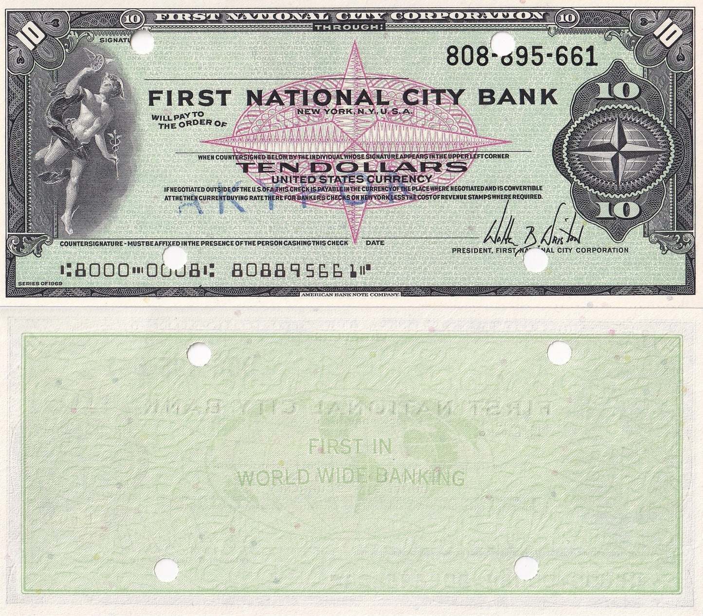 USA 10 Dollars 1969 First National City Corp. Bank Cheque UNC