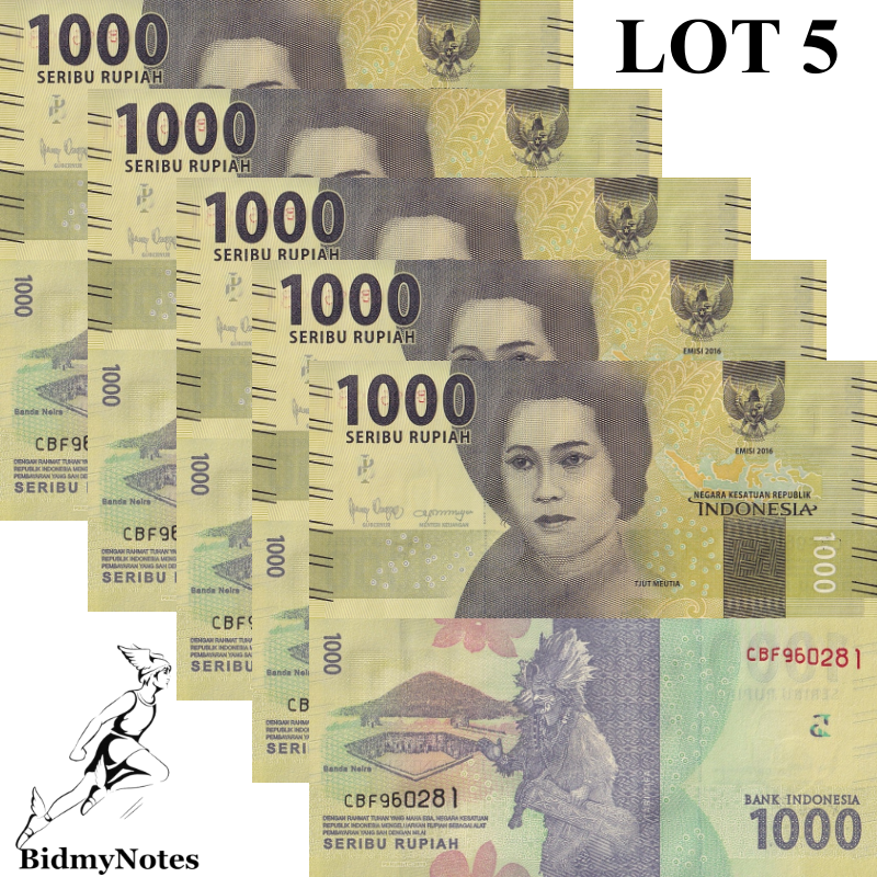 Indonesia 1000 Rupiah 2016/2019 P 154 UNC 1/20 Bundle LOT 5 pcs