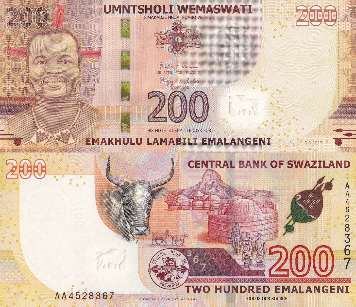 Swaziland Eswatini 200 Emalangeni 2017 P 43 UNC AA First Prefix