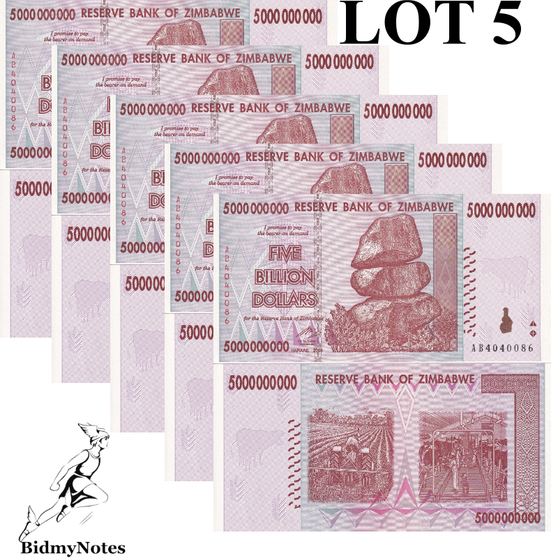 Zimbabwe 5 Billion 5,000,000,000 Dollars 2008 P 84 UNC Lot 5 1/20 Bundle