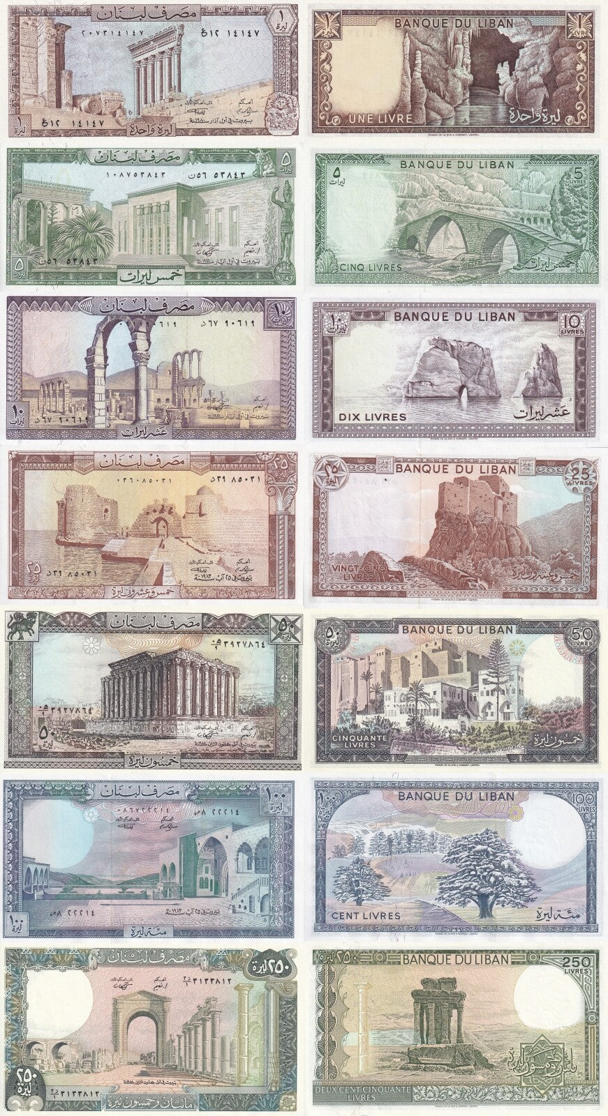 Lebanon 1 5 10 25 50 100 250 Livres 1964-1993 P 61-67 Set 7 pcs UNC