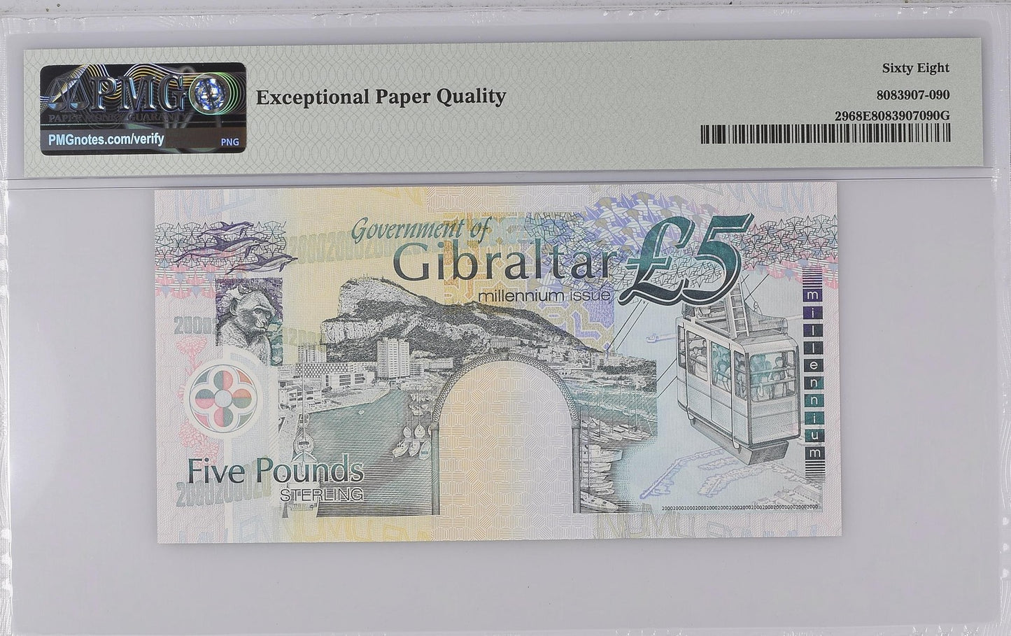 Gibraltar Commemorative 5 Pounds 2000 P 29 UNC PMG 68 EPQ MM Prefix TOP POP