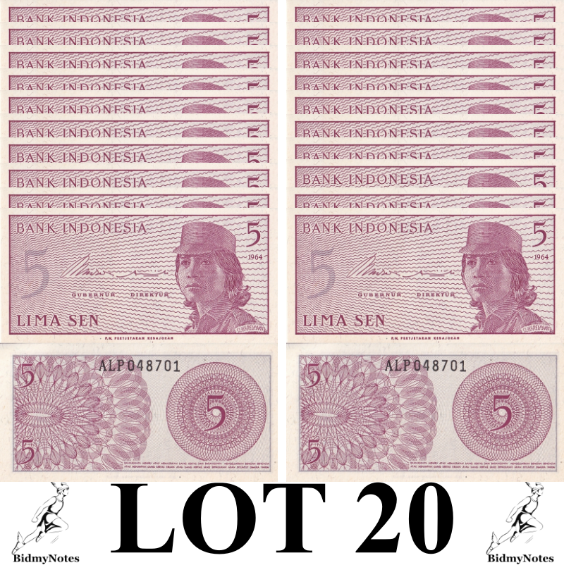 Indonesia 5 Sen 1964 P 91 UNC 1/5 Bundle LOT 20 pcs