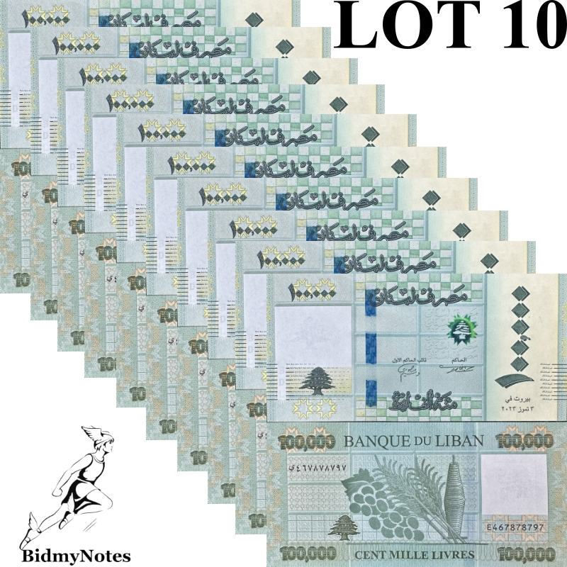Lebanon 100000 Livres 2023 P 105 UNC 1/10 Bundle LOT 10 pcs
