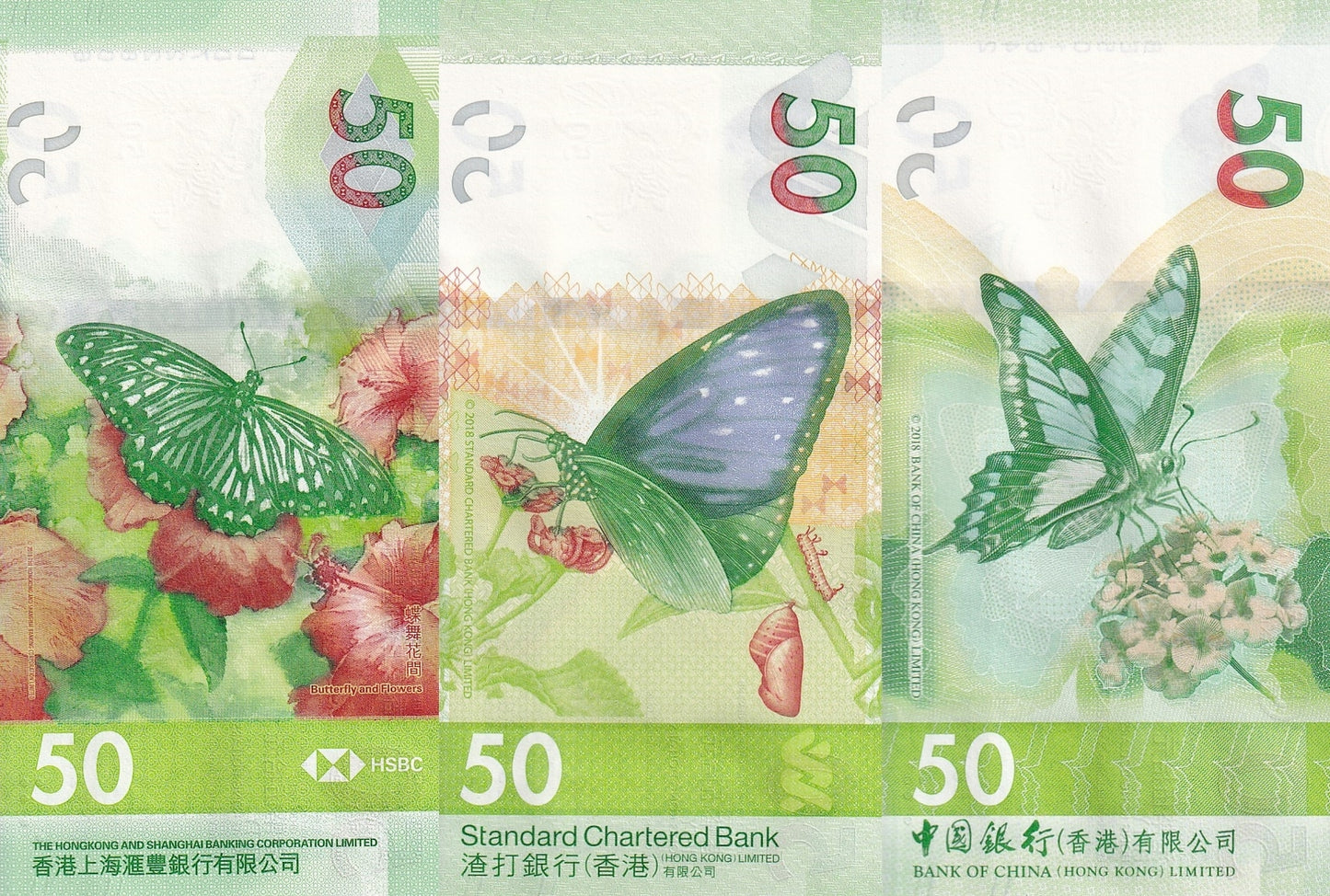 Hong Kong 50 Dollars 2018-2021 P 219 303 349 UNC HSBC SCB BOC Set 3 pcs