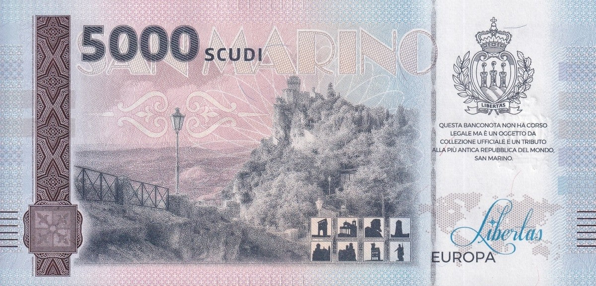 San Marino Republic 5000 Scudi 3 Torre Montale UNC Commemorative Test Note