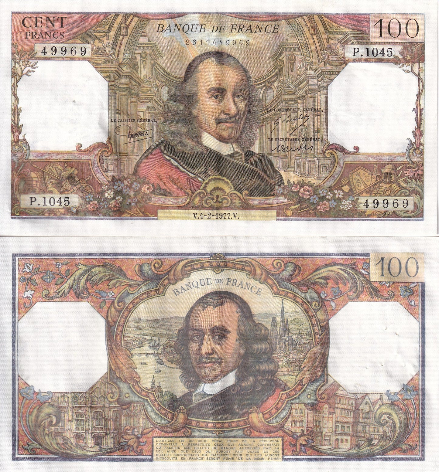 France 100 Francs 1977 P 149f EF-AU W/Hole