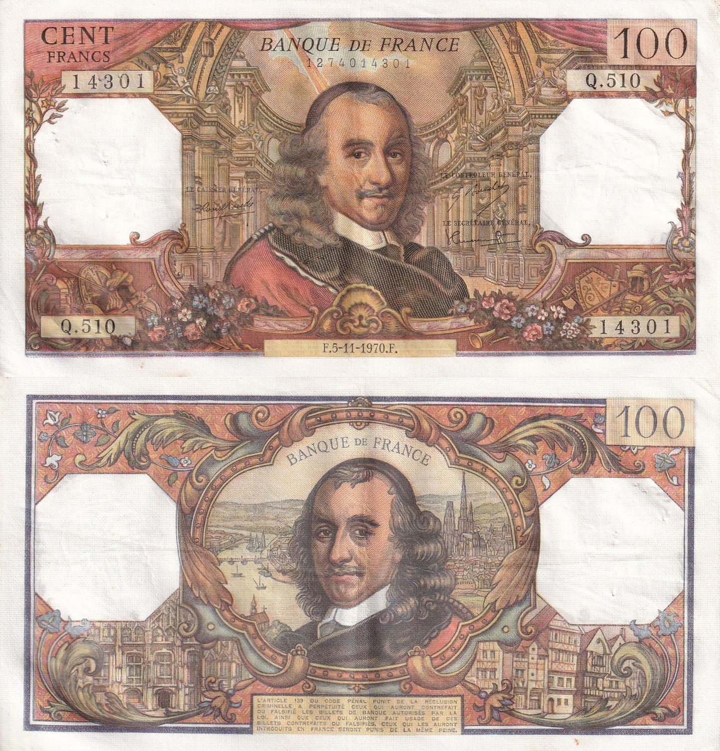 France 100 Francs 1970 P 149c EF Minor Tone W/Hole