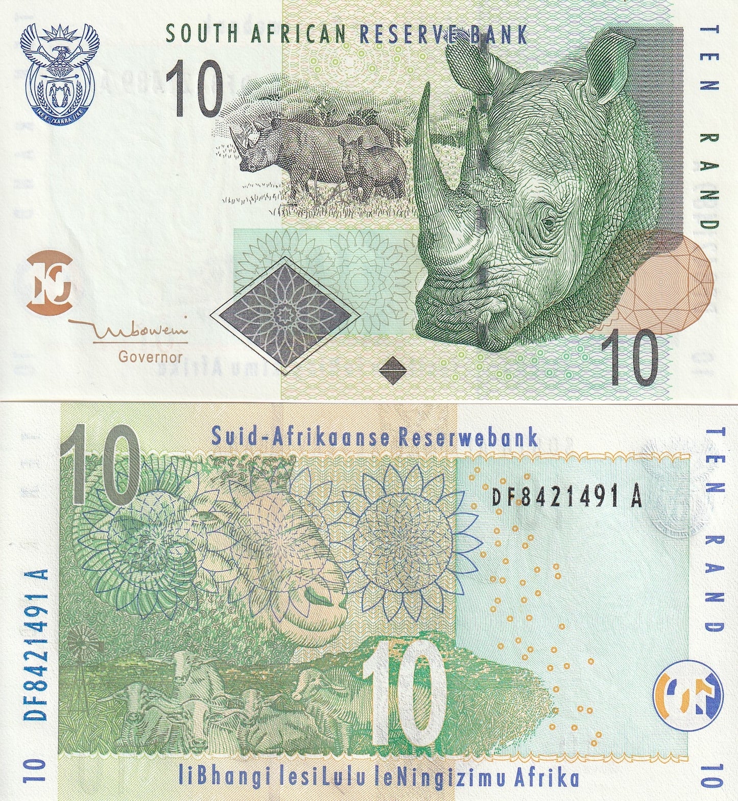 South Africa 10 Rand 2005 P 128 UNC Rhino