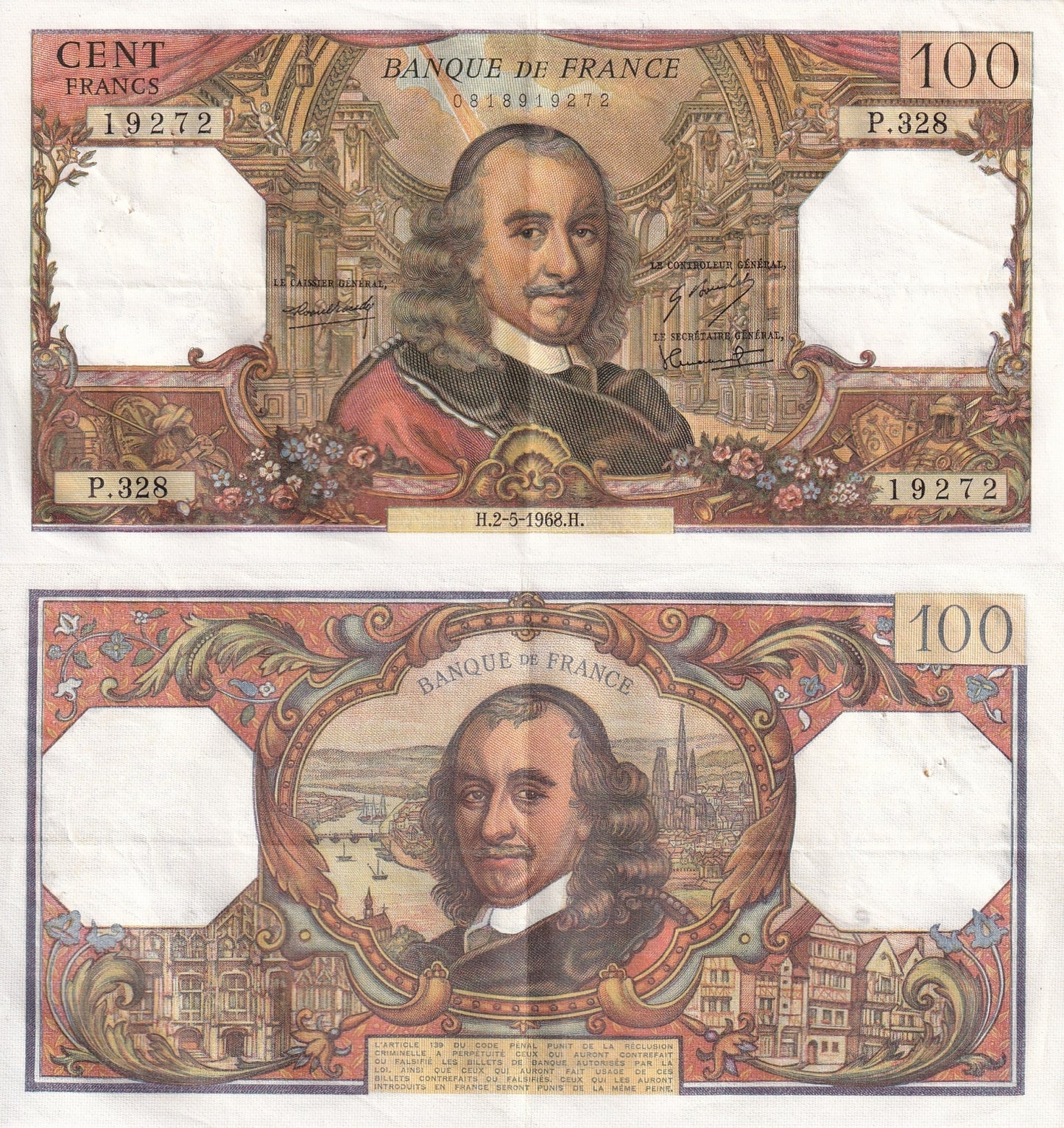 France 100 Francs 1968 P 149c EF W/Hole