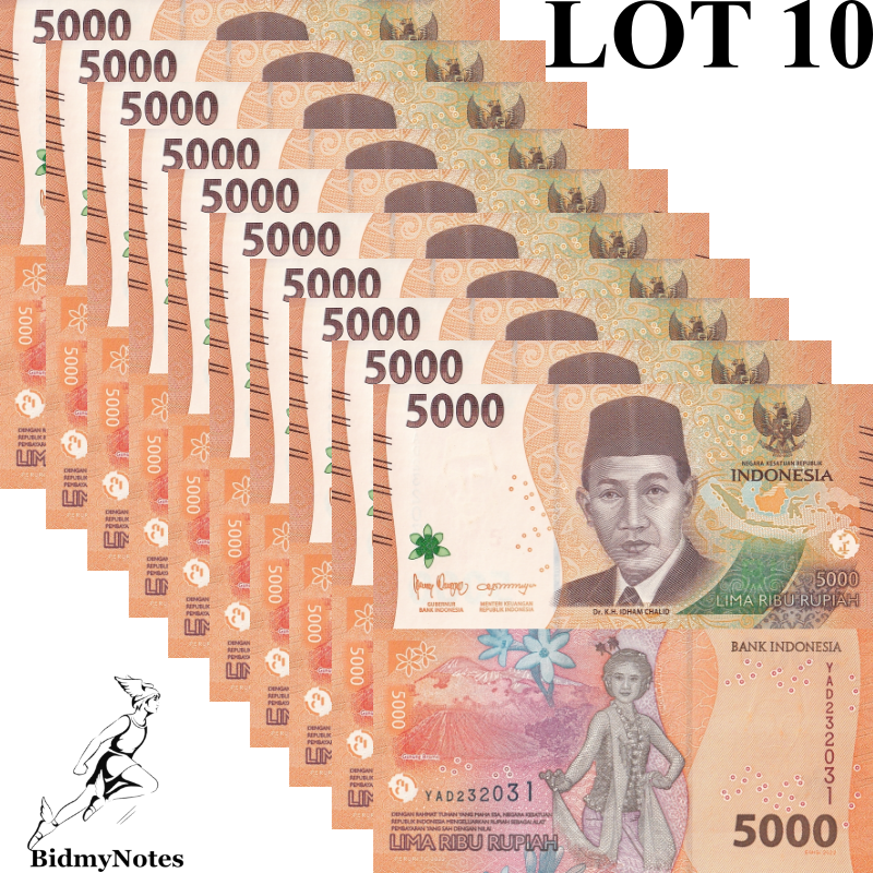 Indonesia 5000 Rupiah 2022 P 164 UNC 1/10 Bundle LOT 10 pcs