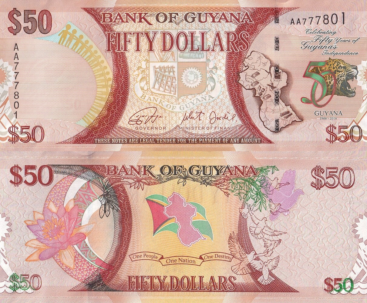 Guyana 50 Dollars 2016 P 41 UNC Commemorative AA Frist Prefix