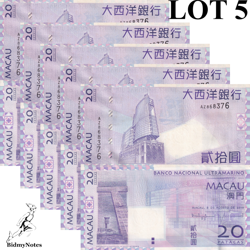 Macau Macao 20 Patacas 2010 P 81b UNC BNU 1/20 Bundle LOT 5 pcs