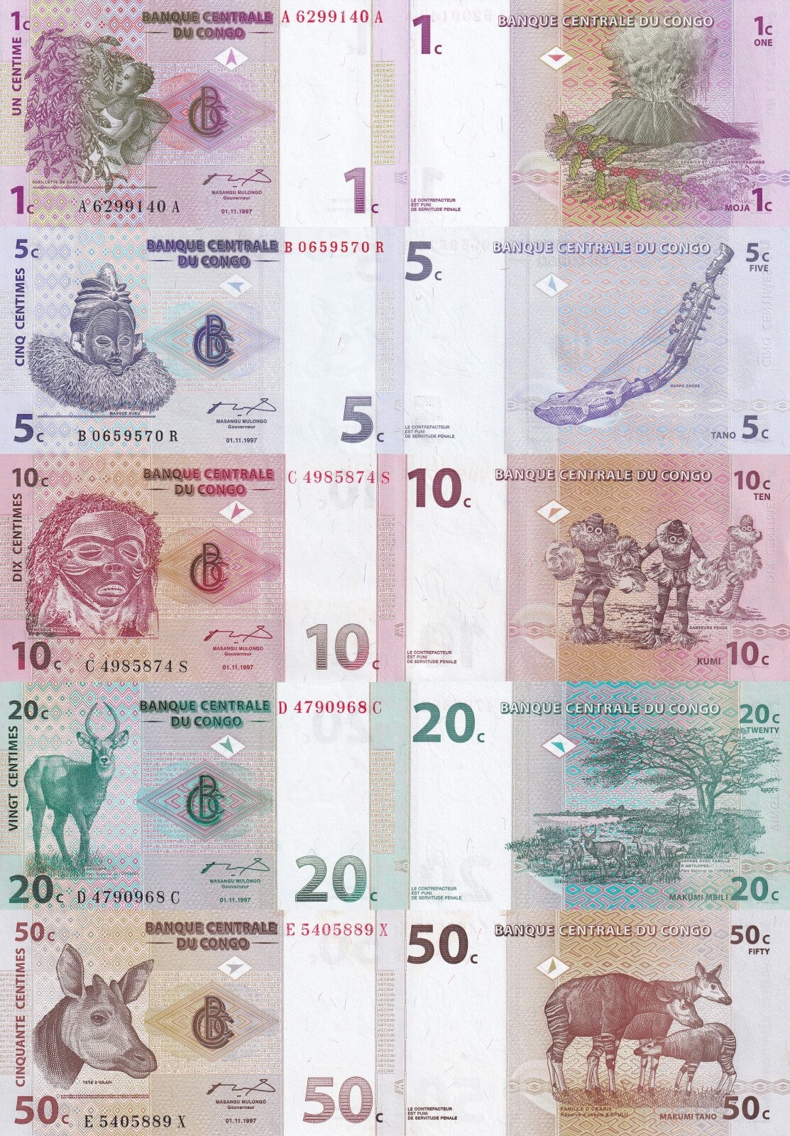 Congo Democratic Republic 1 5 10 20 50 Cents 1997 P 80 81 82 83 84 UNC Set 5 pcs