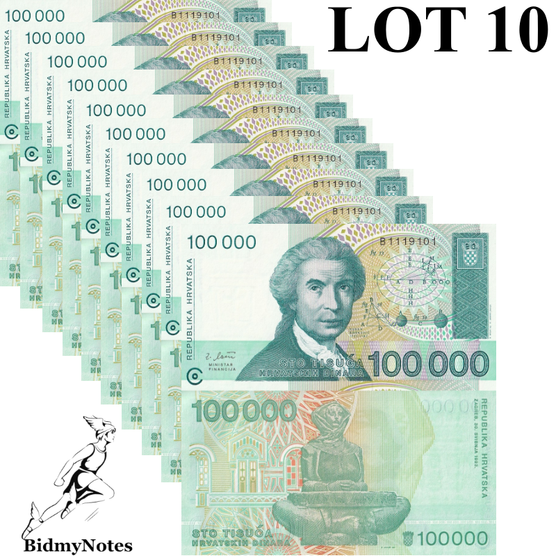 Croatia 100000 Hrvatskih Dinara 1993 P 27 UNC 1/10 Bundle LOT 10 pcs