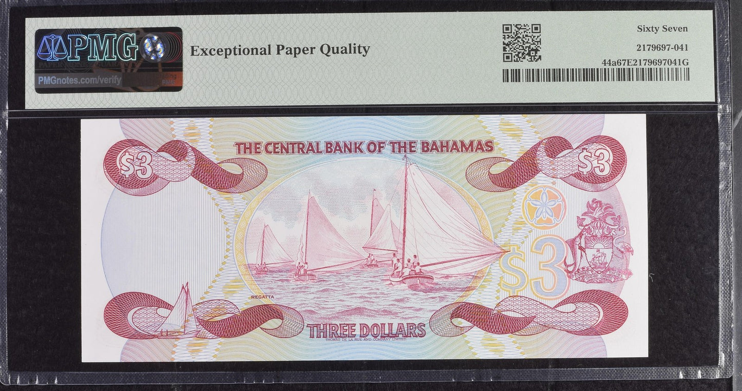Bahamas Central Bank 3 Dollars (1974)1984 P 44a UNC PMG 67 EPQ
