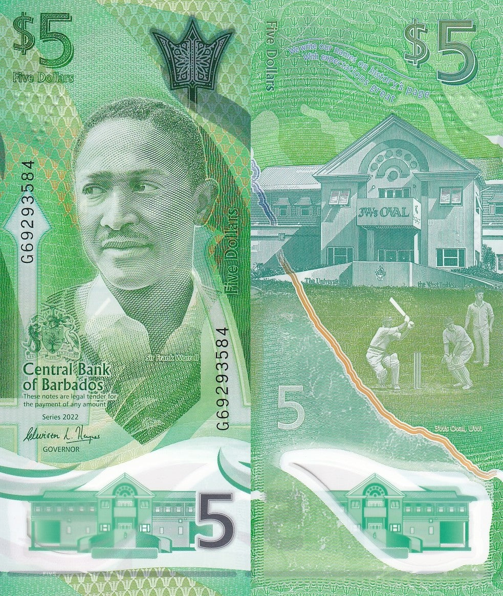 Barbados 5 Dollars 2022 P 81 Polymer UNC