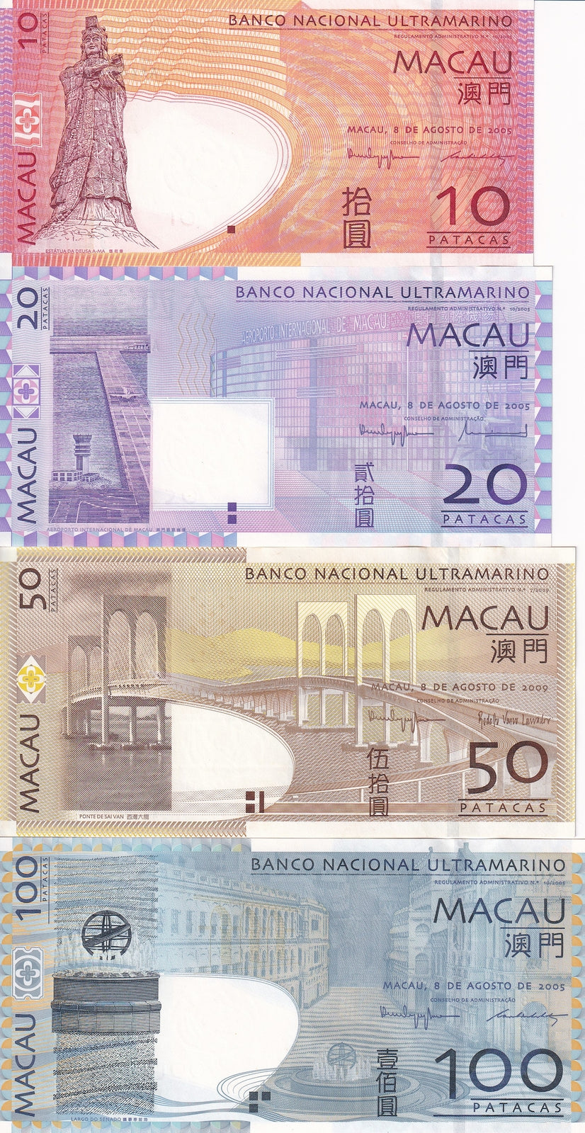 Macau Macao 10 20 50 100 Patacas 2009-2010 P 80b 81b 81Aa 82b UNC BNU Set 4 pcs