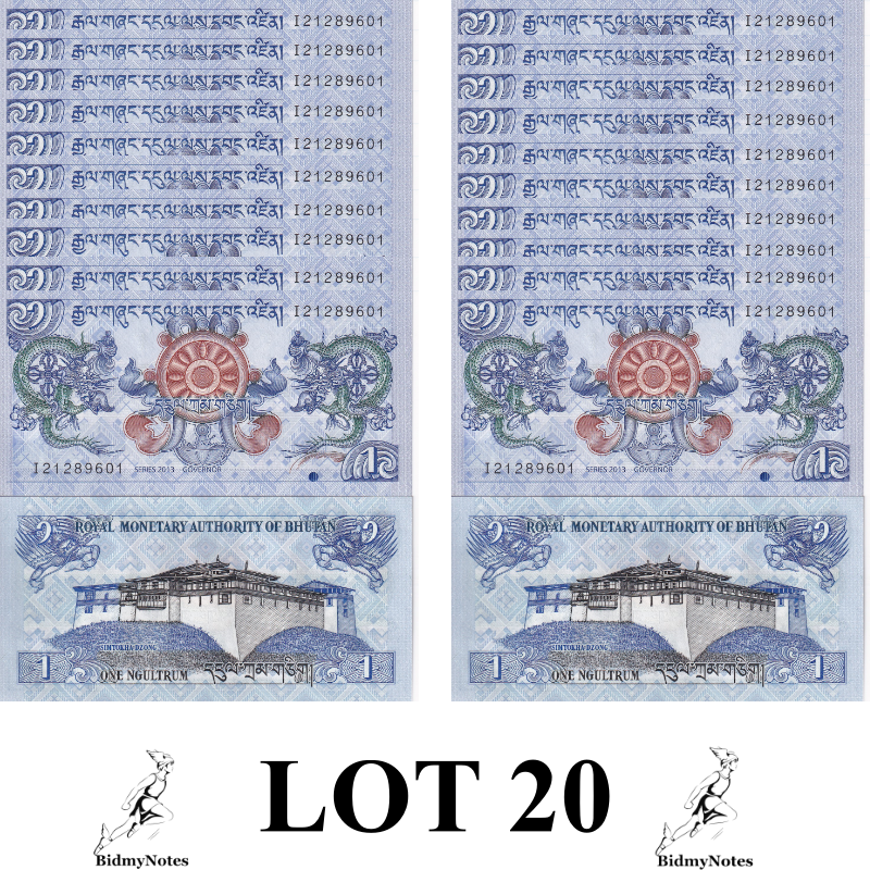 Bhutan 1 Ngultrum 2013 P 27b Simtokha Dzong Dragons UNC 1/5 Bundle LOT 20 pcs
