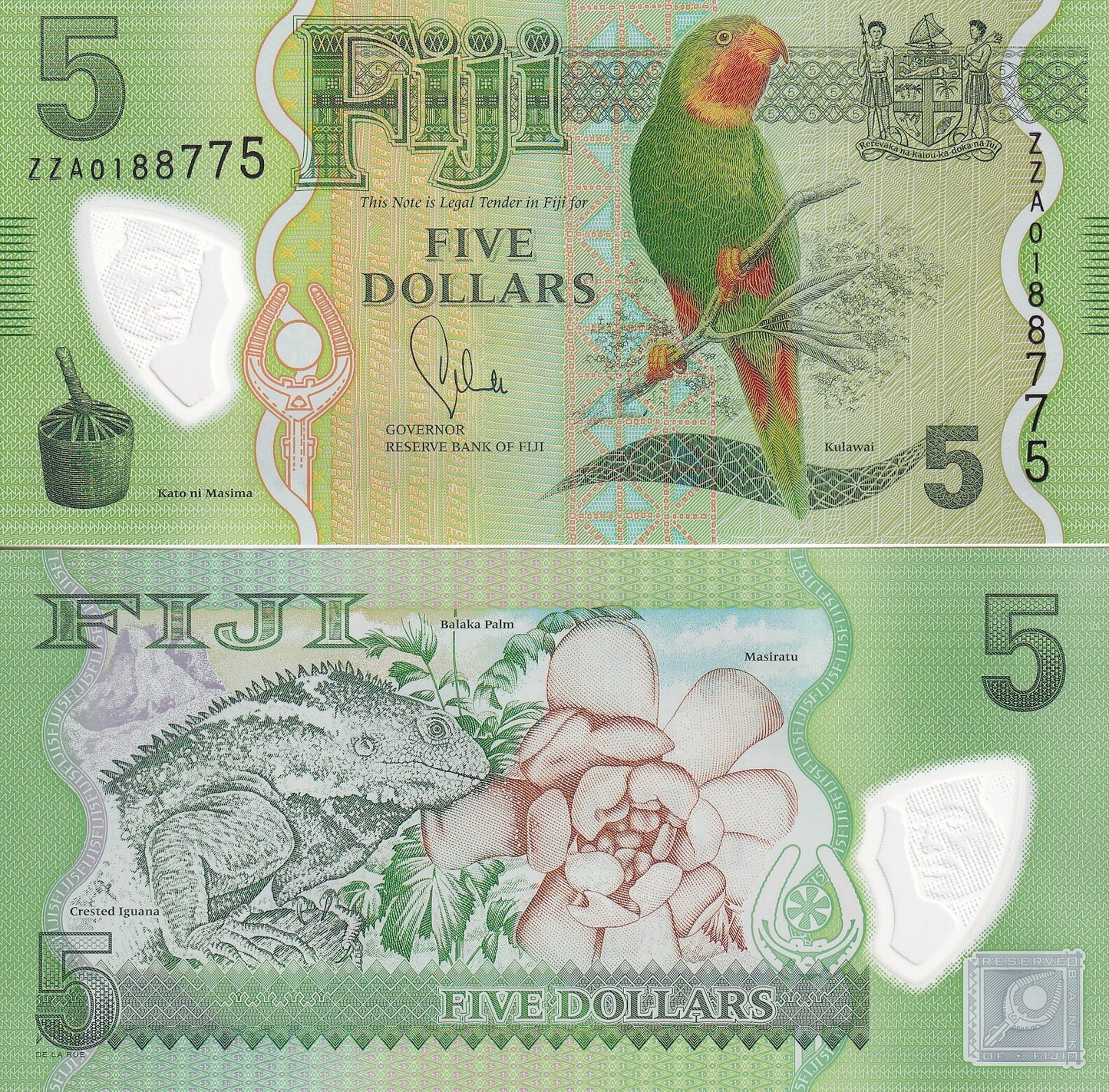 Fiji 5 Dollars 2012 P 115 IGUANA FLORA FAUNA UNC Polymer Replacement ZZA