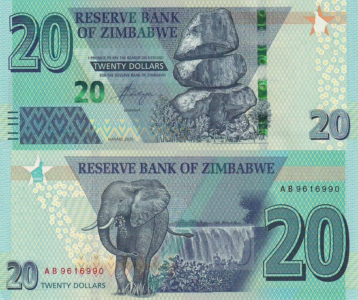 Zimbabwe 20 Dollars 2020 P 104 UNC Frist Prefilx AA