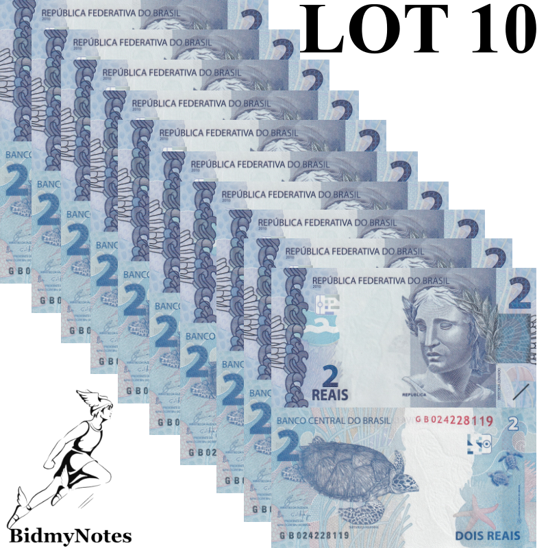 Brazil 2 Reais 2019 / 2010 P 252e UNC GB Prefix 1/10 Bundle LOT 10 pcs