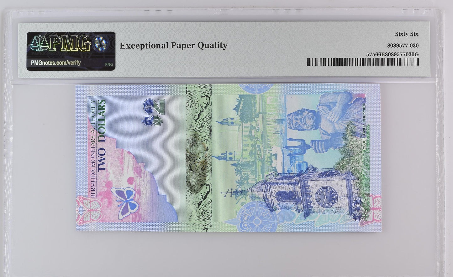 Bermuda Monetary Authority 2 Dollars 2009 P 57a UNC PMG 66 EPQ Onion Prefix