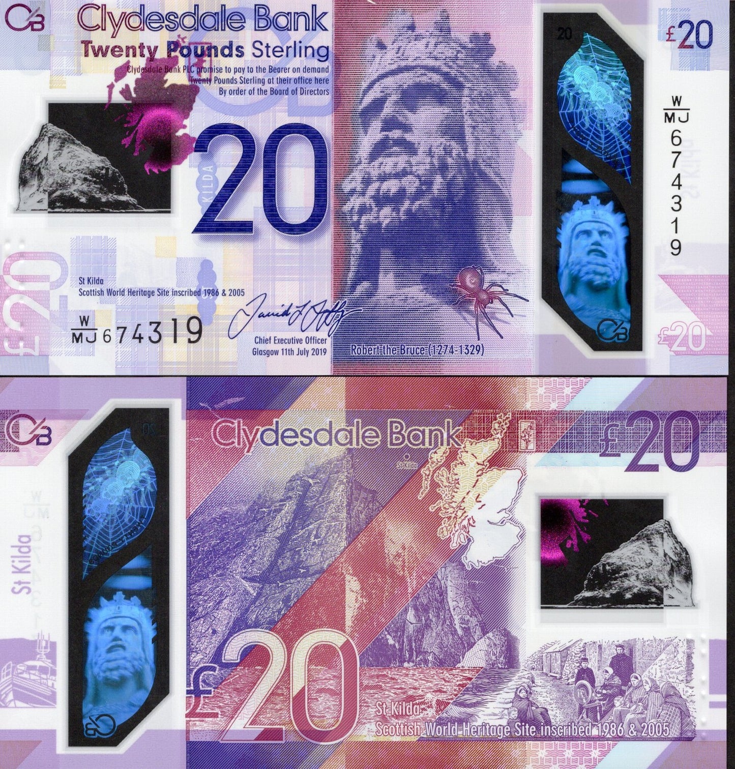 Scotland 20 Pounds Sterling 2019 P 229R Polymer UNC Clydesdale Bank