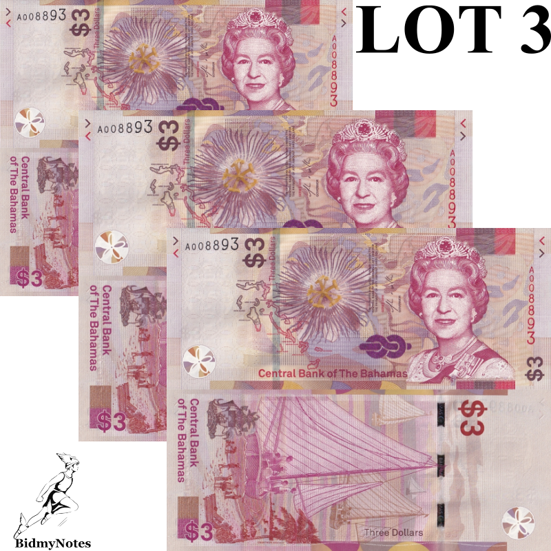 Bahamas 3 Dollars 2019 P 78 UNC Low Serial No. Lot 3 pcs