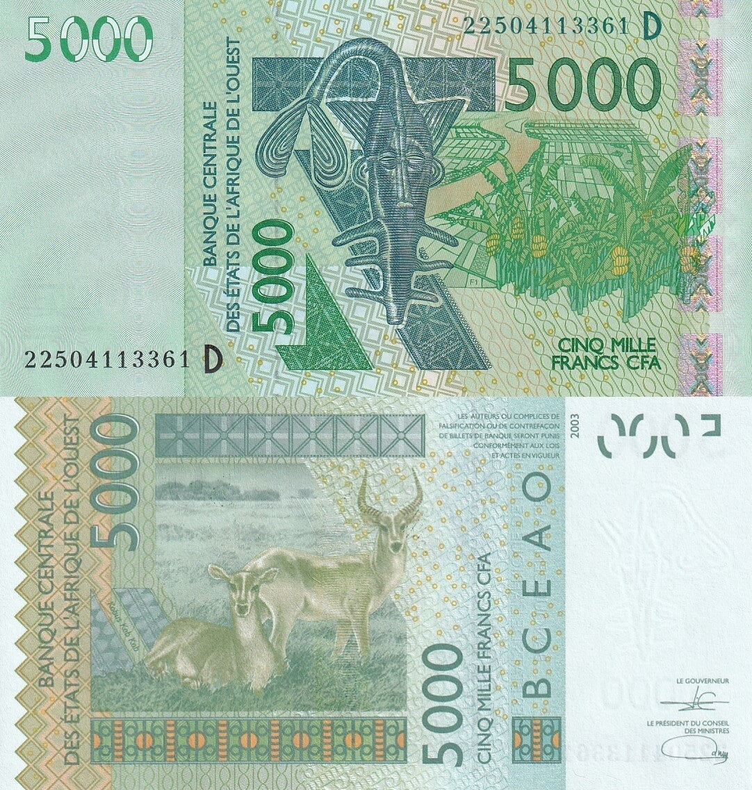 West African States Mali 5000 Francs 2022 P 417D Code D UNC