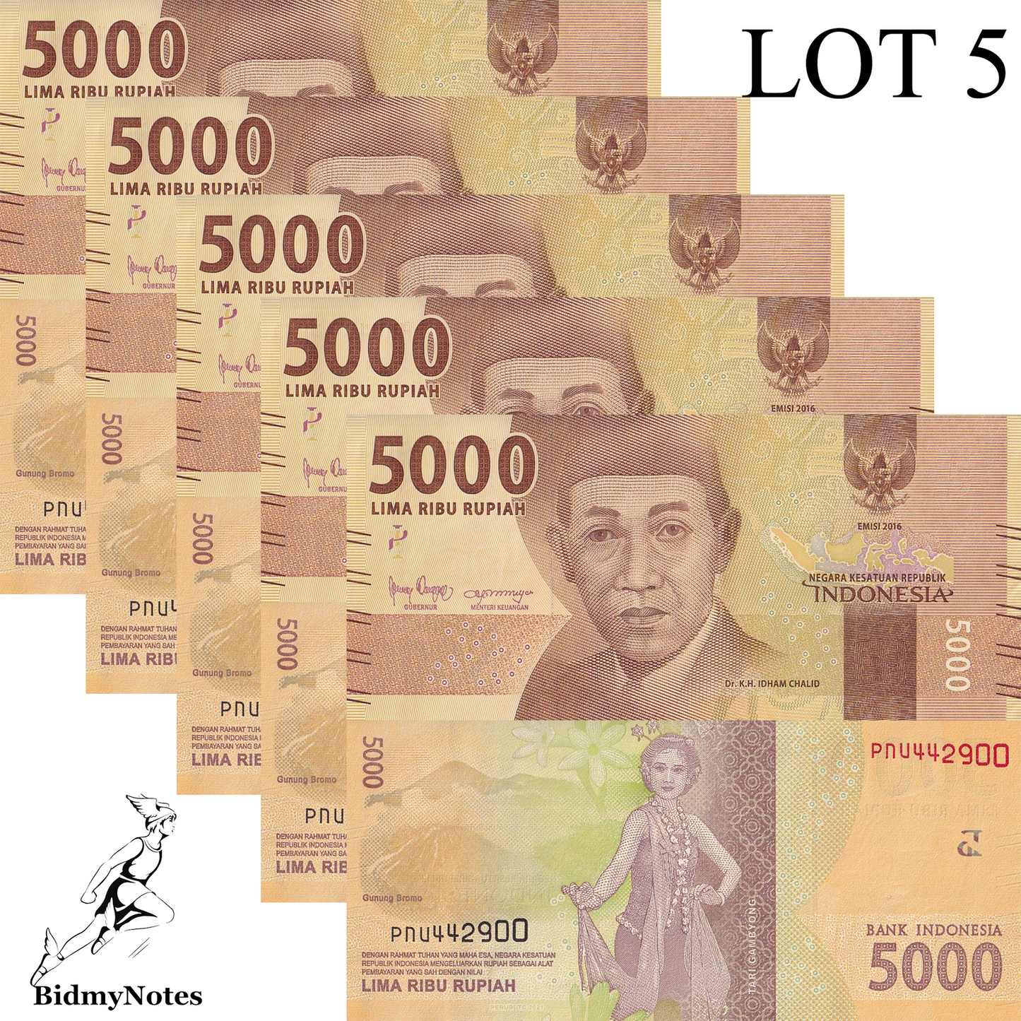 Indonesia 5000 Rupiah 2016/2021 P 156 UNC 1/20 LOT 5 pcs