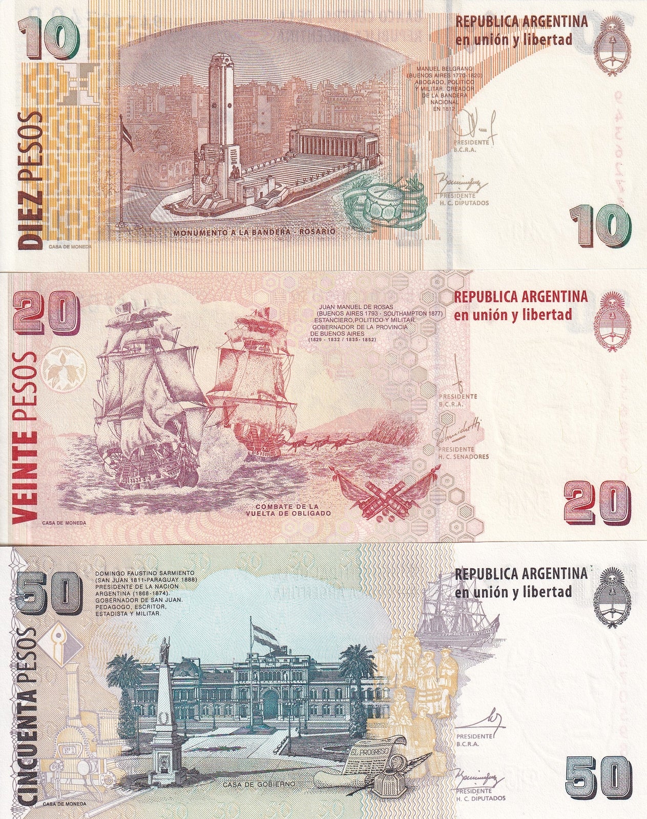 Argentina 10 20 50 Pesos 2003-2015 P 354b 355c 356(6) Set of 3 pcs UNC
