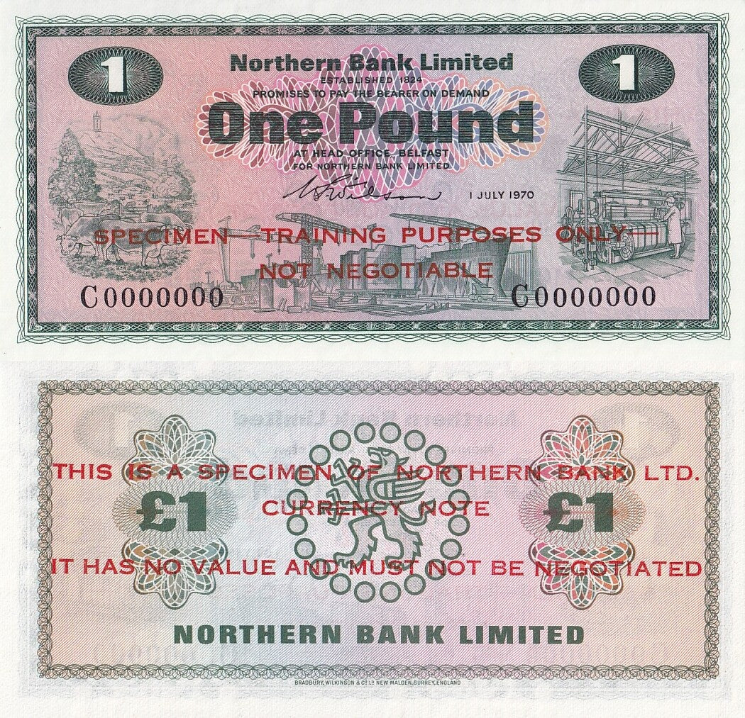 Northern Ireland 1 Pound 1970 P 187a UNC Northern Bank Limited Specimen