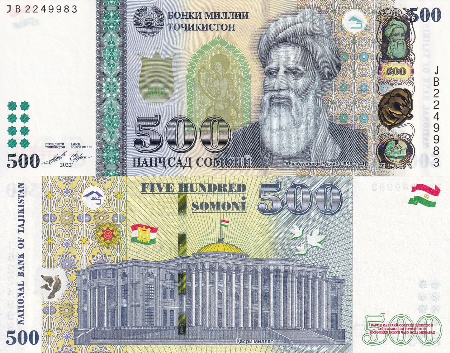 Tajikistan 500 Somoni 2022 (Issue 2023) P 22 UNC