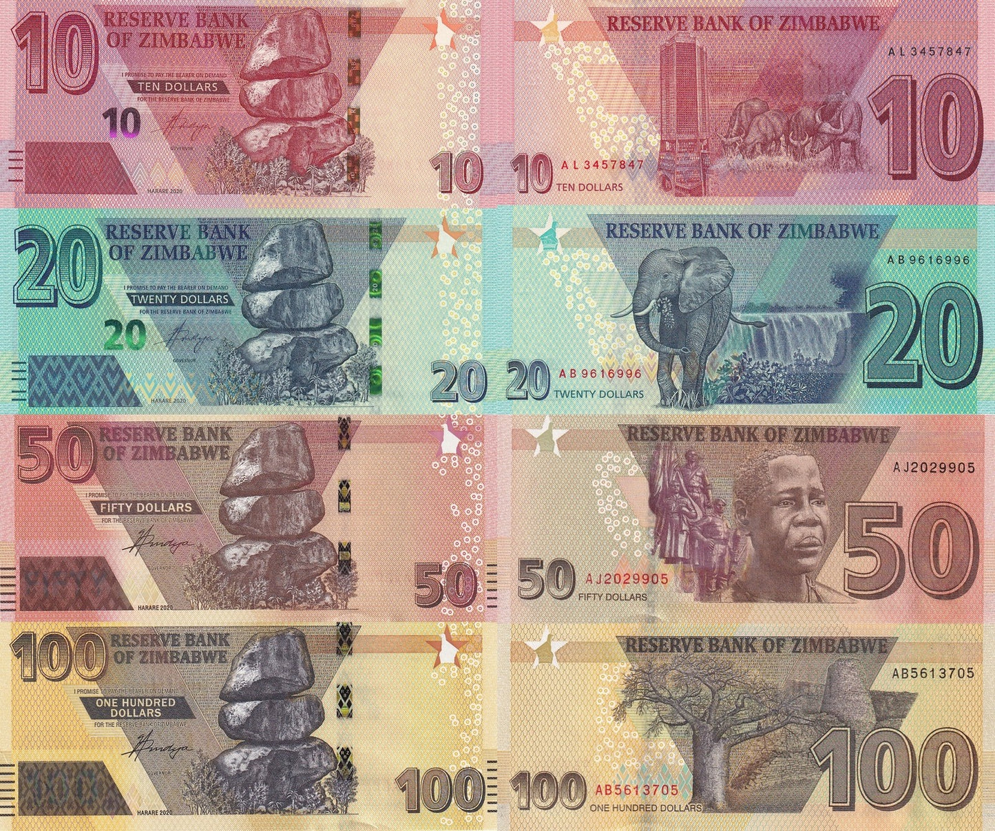 Zimbabwe 10 20 50 100 Dollars 2020 P 103 104 105 106 UNC Set of 4 pcs