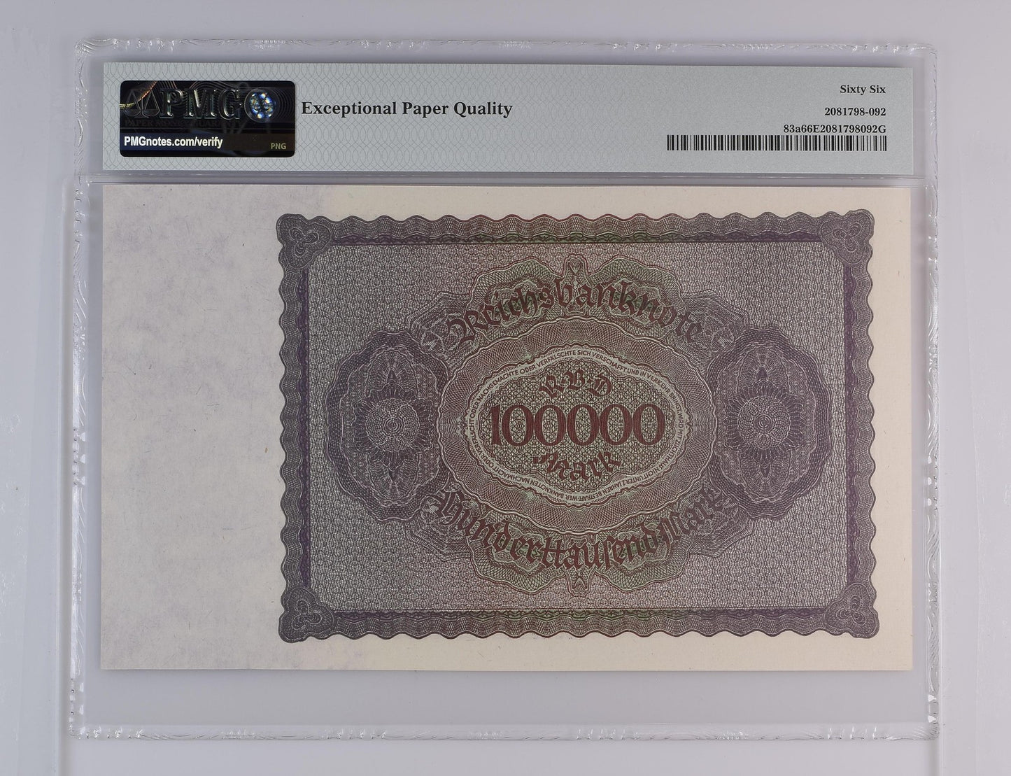 Germany Republic Treasury Note 100000 Mark 1923 P 83a UNC PMG 66 EPQ 2nd TOP POP