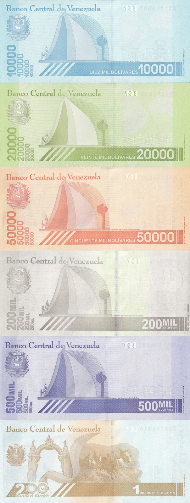 Venezuela 10000 20000 50k-500k 1 Million 2019-2020 P 109-114 UNC Set 6 pcs