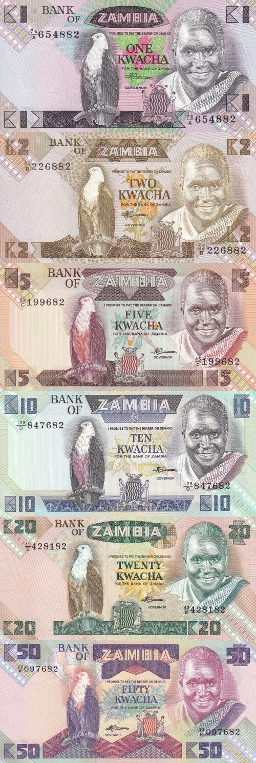 Zambia 1 2 5 10 20 50 Kwacha 1980-1988 P 23 24 25 26 27 28 UNC Set 6 pcs