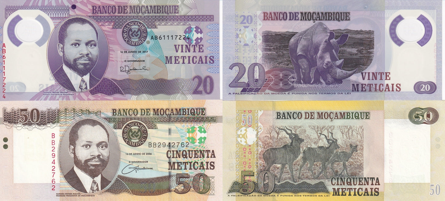 Mozambique 20 50 Meticais 2006&2017 P 144a 149b Polymer&Paper UNC Set 2 pcs