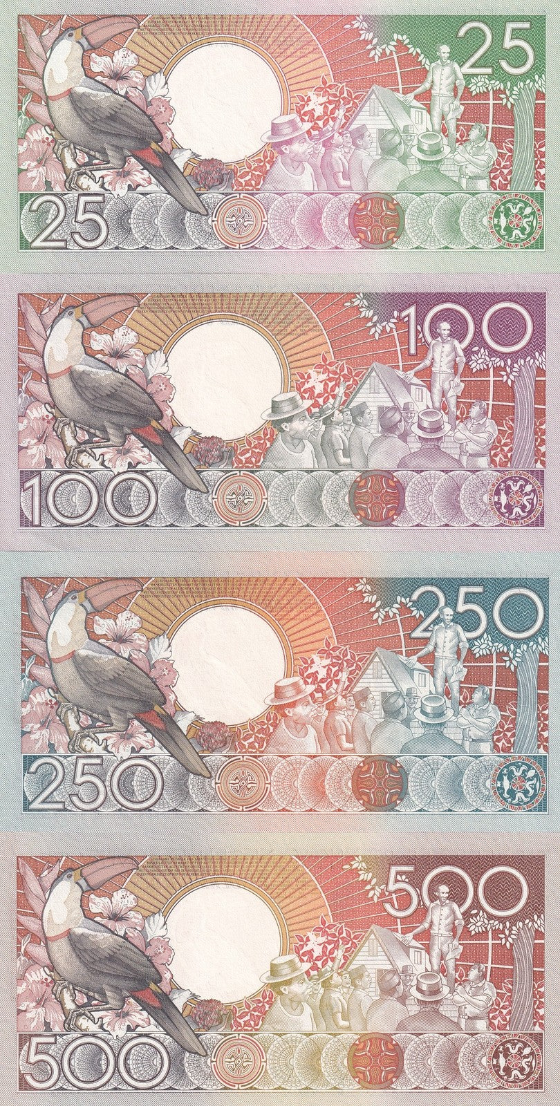Suriname 25 100 250 500 Gulden 1986-1988 P 132 133 134 135b UNC Set 4 pcs