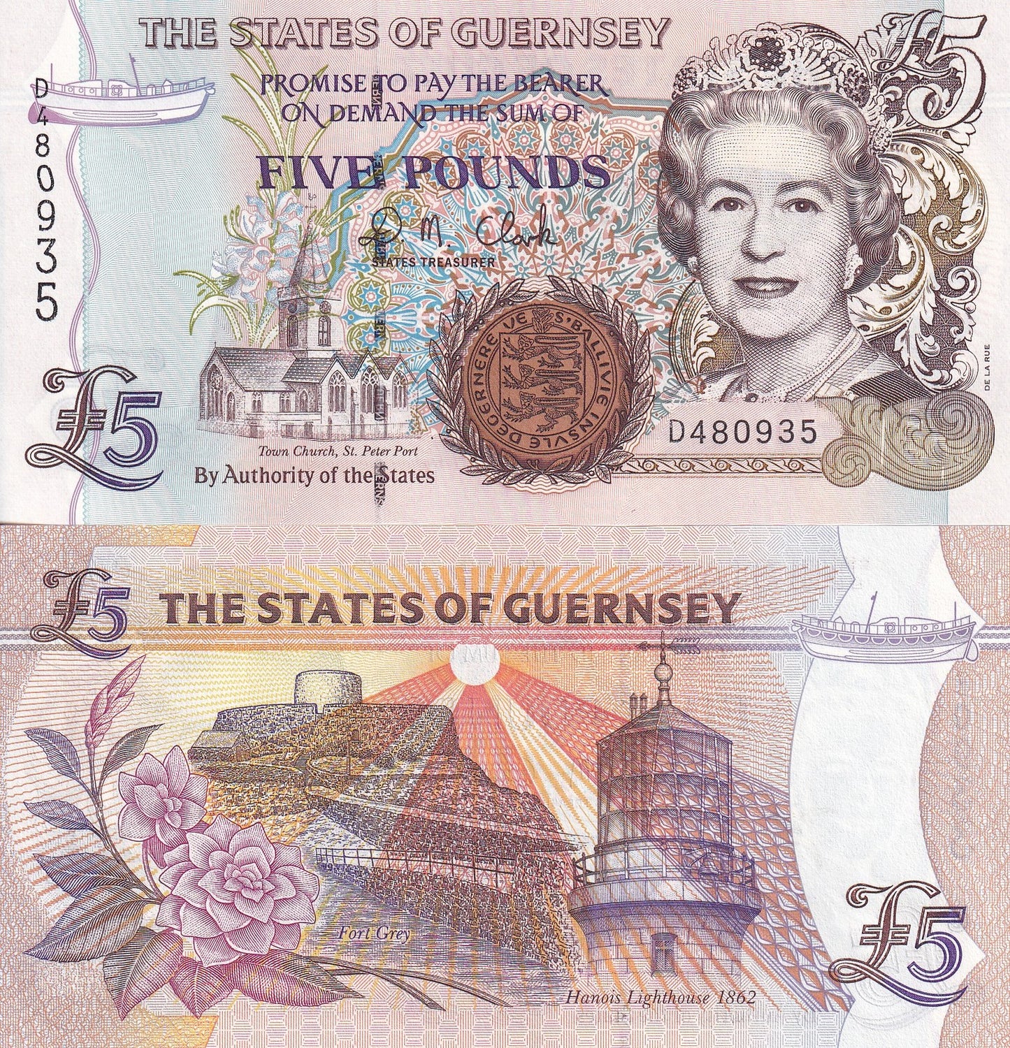 Guernsey 5 Pounds ND 1996-2023 P 56c UNC Queen Elizabeth II