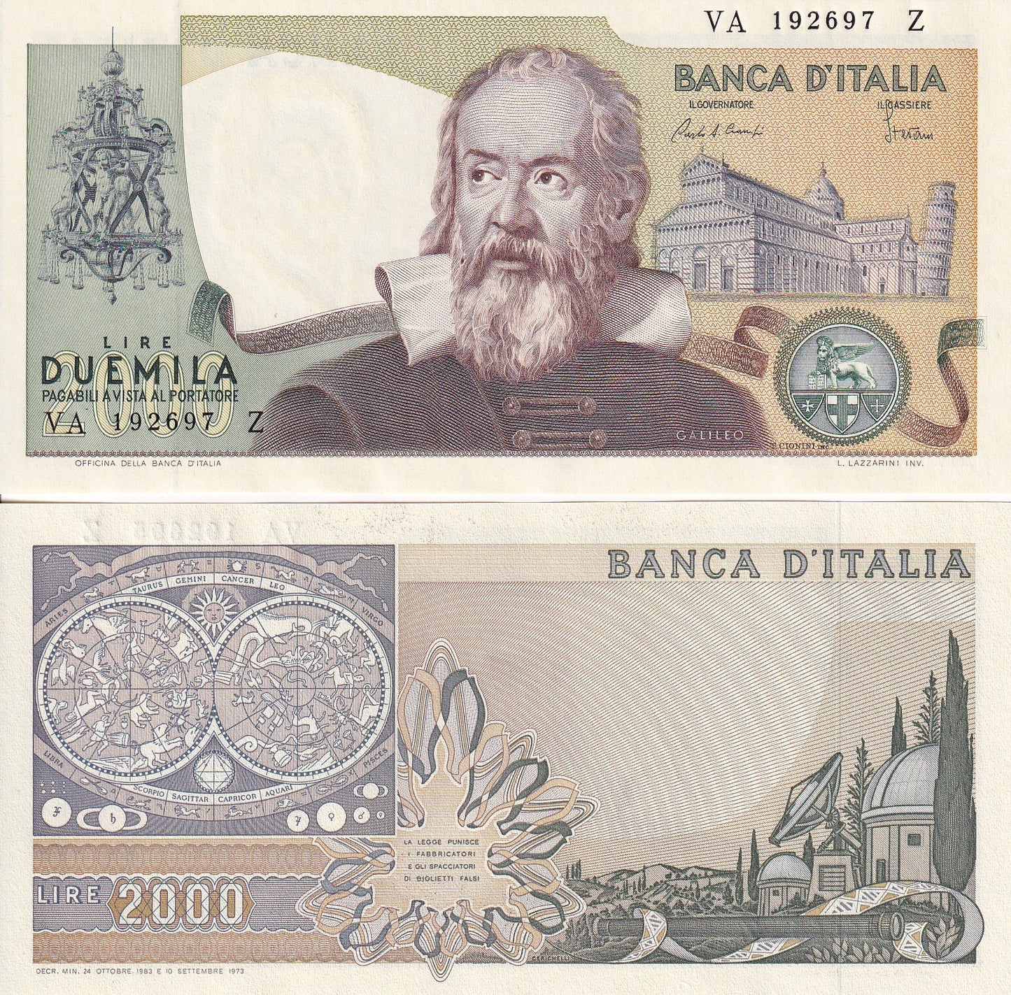 Italy 2000 Lire 1983 P 103c UNC GALILEO Sign Ciampi Stevani