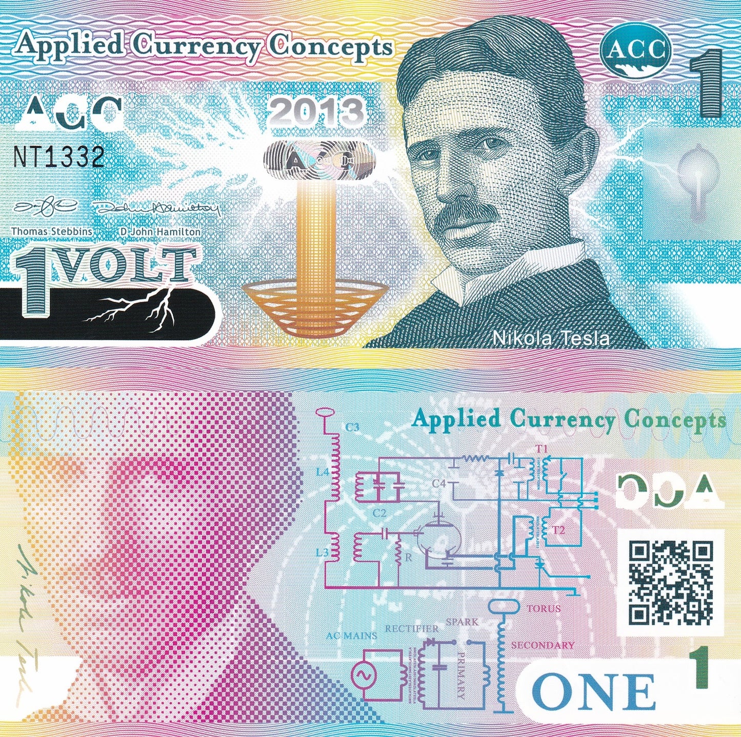 Applied Currency Concepts 1 Volt 2013 Polymer UNC note W/ Hologram Nikola Tesla
