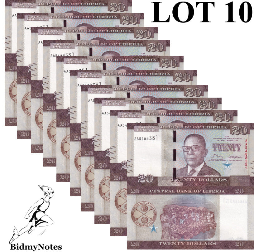 Liberia 20 Dollars 2016 P 33a UNC 1/10 Bundle LOT 10 pcs