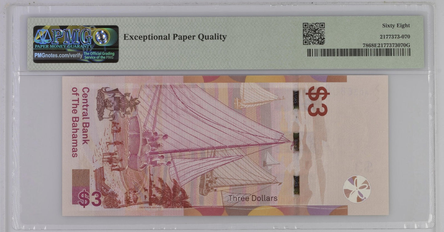 Bahamas Central Bank 3 Dollars 2019 P 78 UNC PMG 68 EPQ 3rd TOP POP
