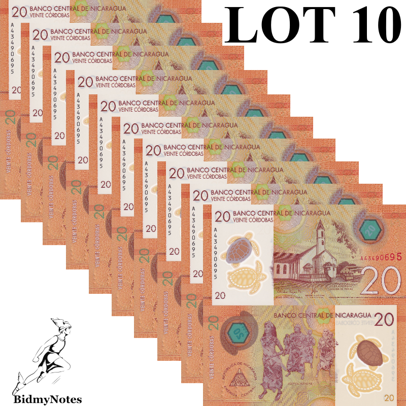 Nicaragua 20 Cordobas 2019 P 210 Polymer UNC 1/10 Bundle LOT 10 pcs