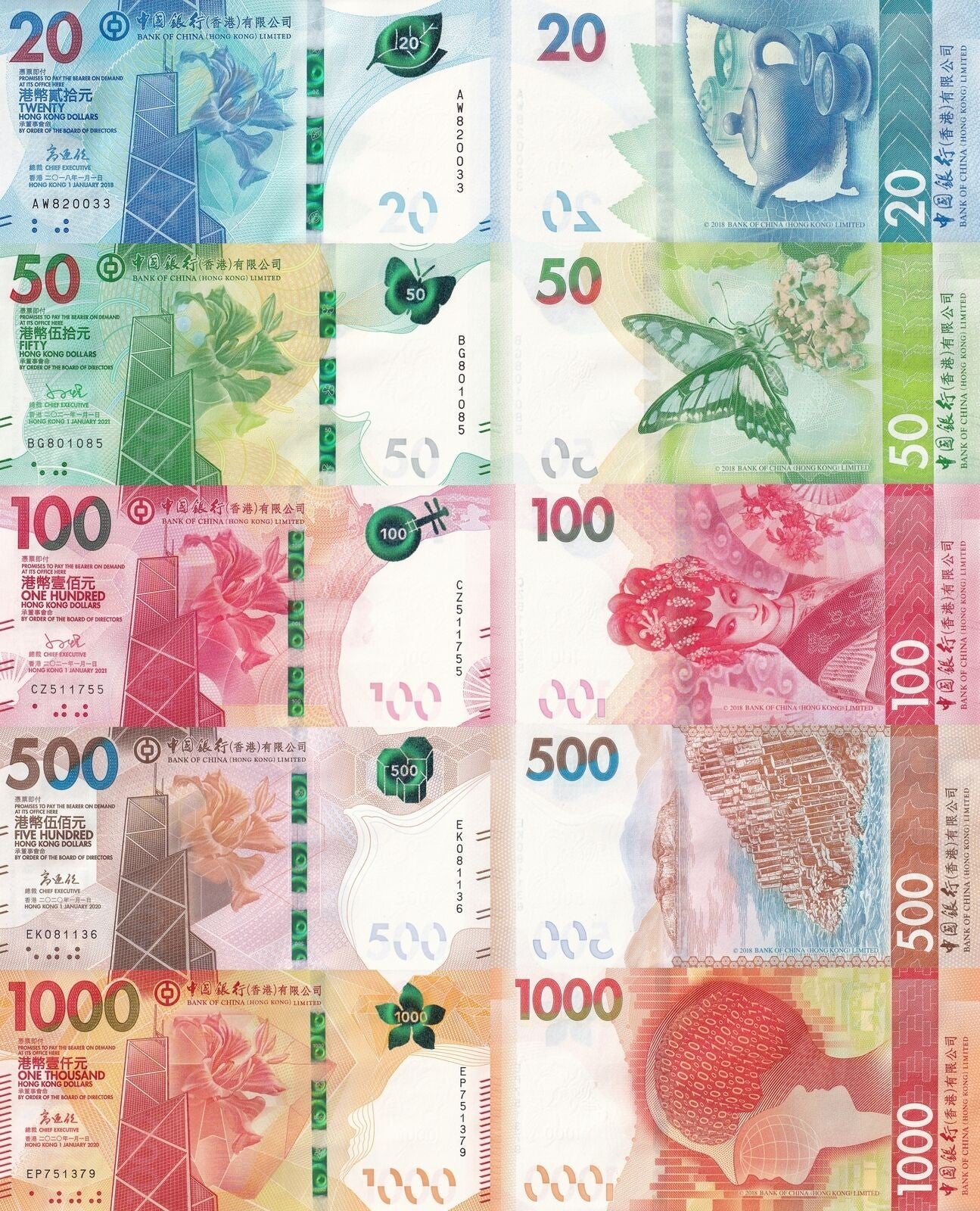 Hong Kong 20 50 - 1000 Dollars 2018 P 302 303 304 305 306 UNC BOC Set 5 pcs.