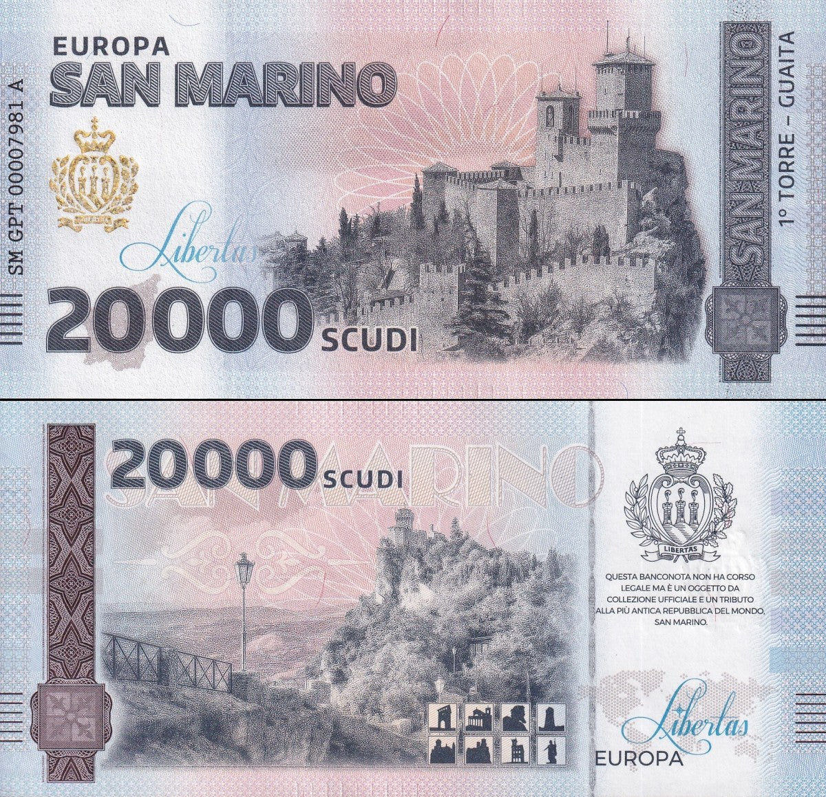 San Marino Republic 20000 Scudi 1 Torre Guaita UNC COMM. Test Note