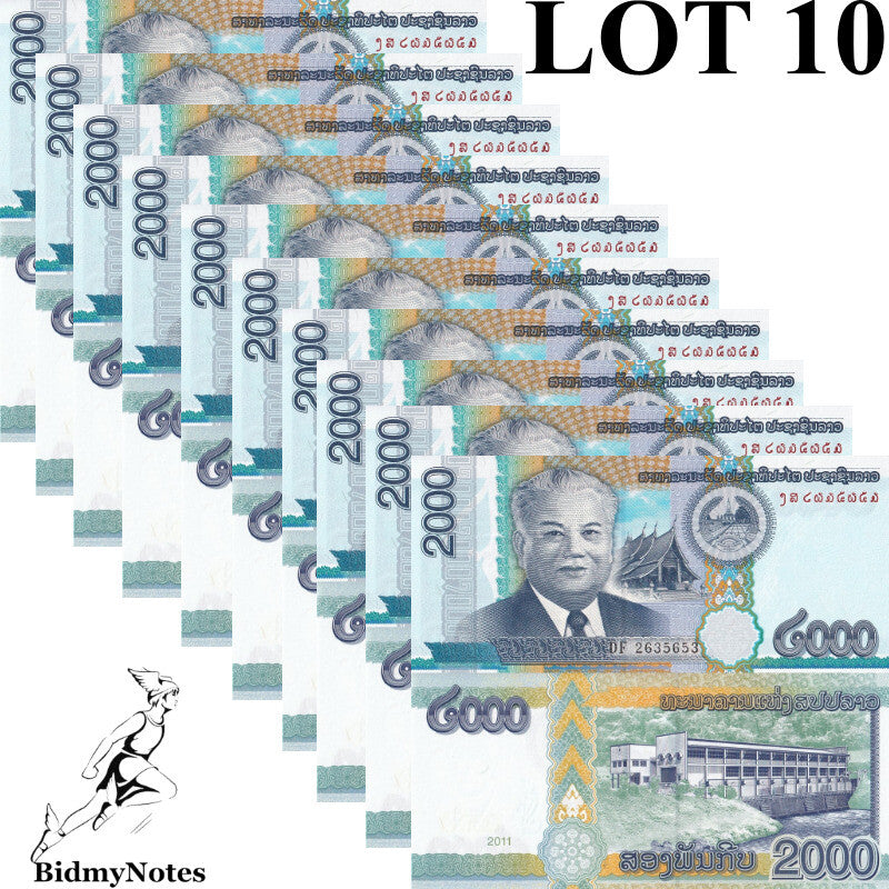 Laos 2000 Kip 2011 P 41 UNC 1/10 Bundle LOT 10 pcs
